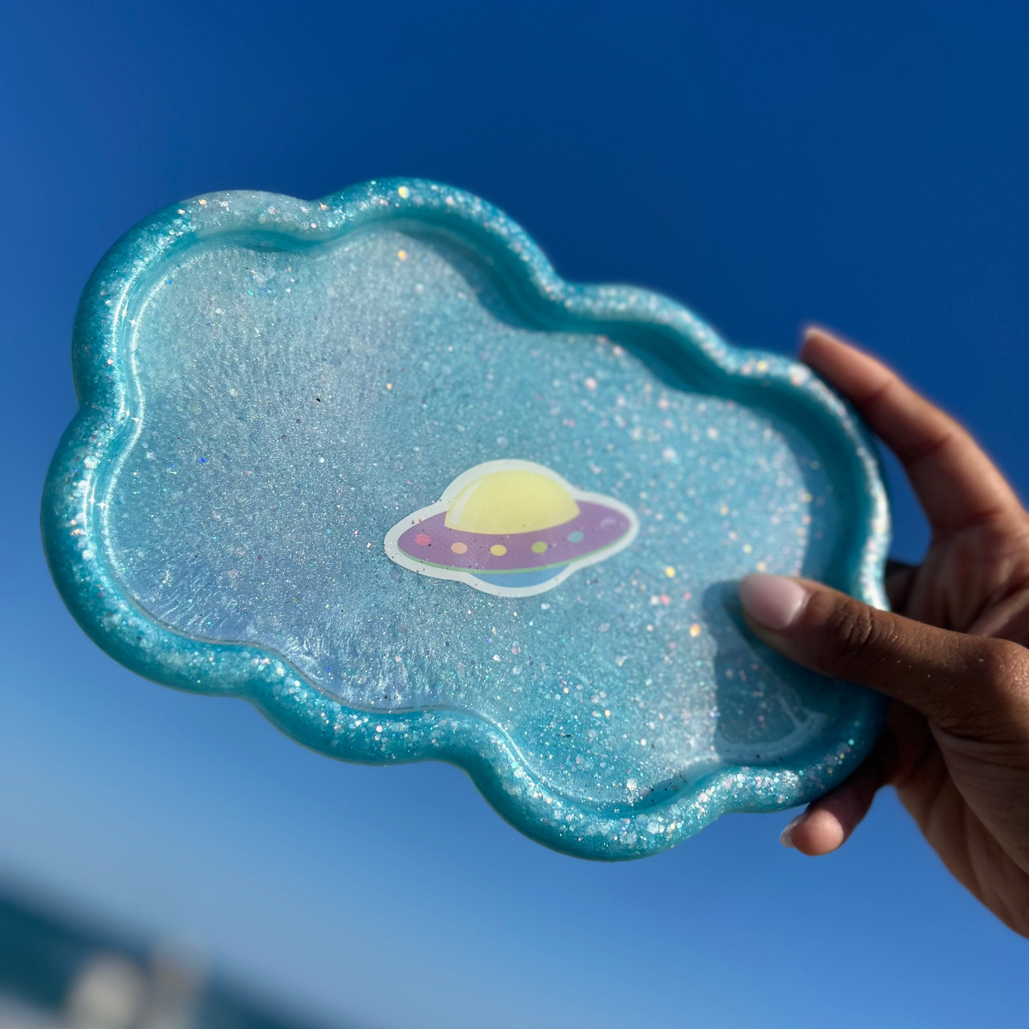 Flying Saucer in a Sky Blue Cloud Rolling Tray