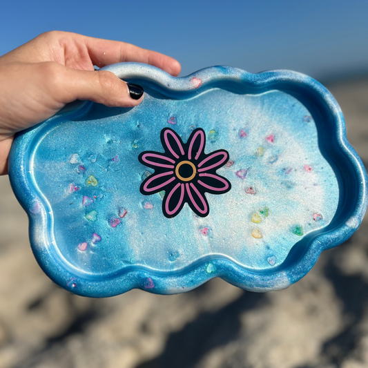 Pink Daisy Flower in a Sky Blue Cloud Rolling Tray