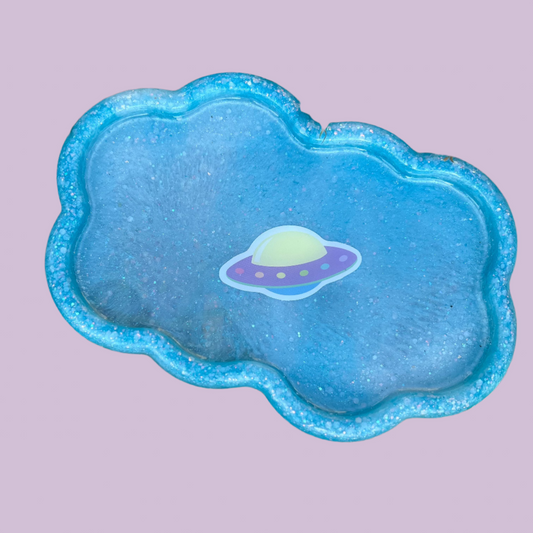 Flying Saucer in a Sky Blue Cloud Rolling Tray